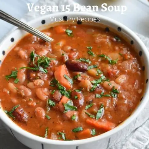 Instant pot 15 bean soup vegetarian in a white bowl with a spoon