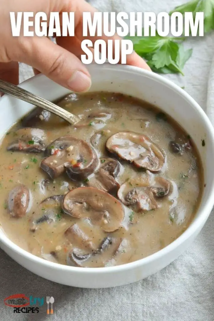 healthy mushroom soup instant pot in a white bowl with a spoon on a grey tablecloth