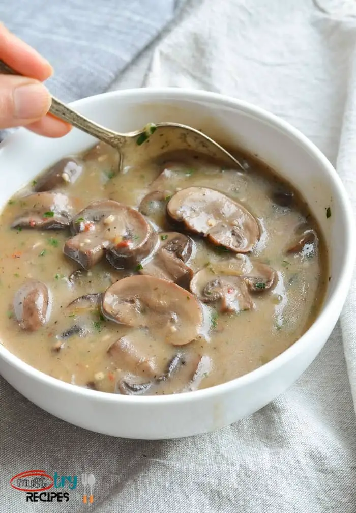 instant pot mushroom soup dairy free in a white soup bowl with a spoon dunked in