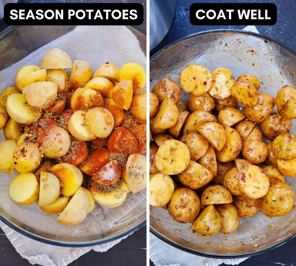 seasoning and coating halved baby potatoes in a clear glass bowl