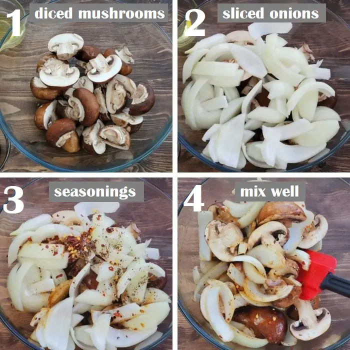 seasoning mushrooms and onions in a clear bowl