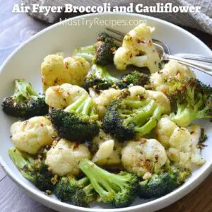 air fryer broccoli and cauliflower in a white plate