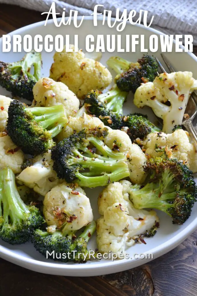 air fryer cauliflower and broccoli recipe on a white plate