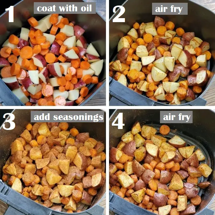 air frying carrots and potatoes inside the air fryer basket with oil and seasonings