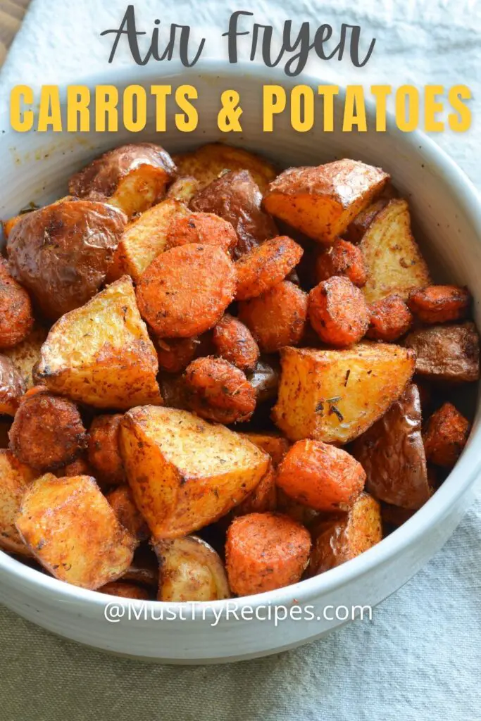 air fryer roasted potatoes and carrots served in a white bowl