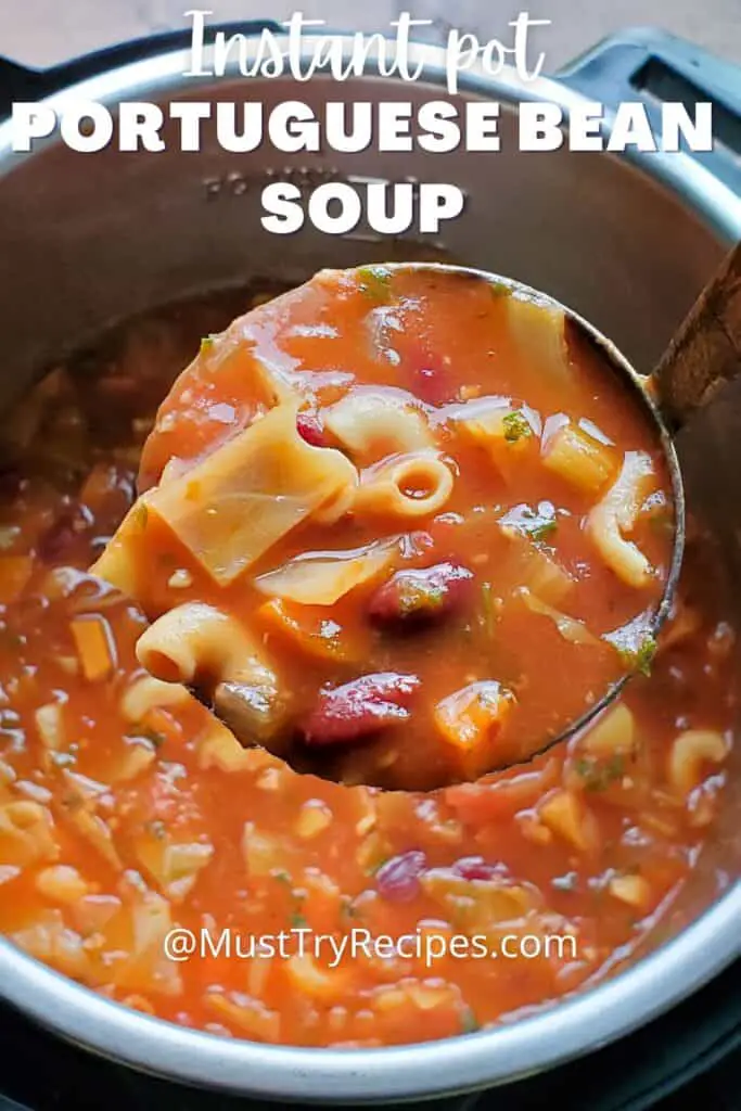 Portuguese bean soup in a ladle from the instant pot