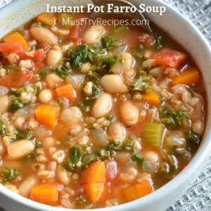 Tuscan farro soup instant pot recipe in a white bowl