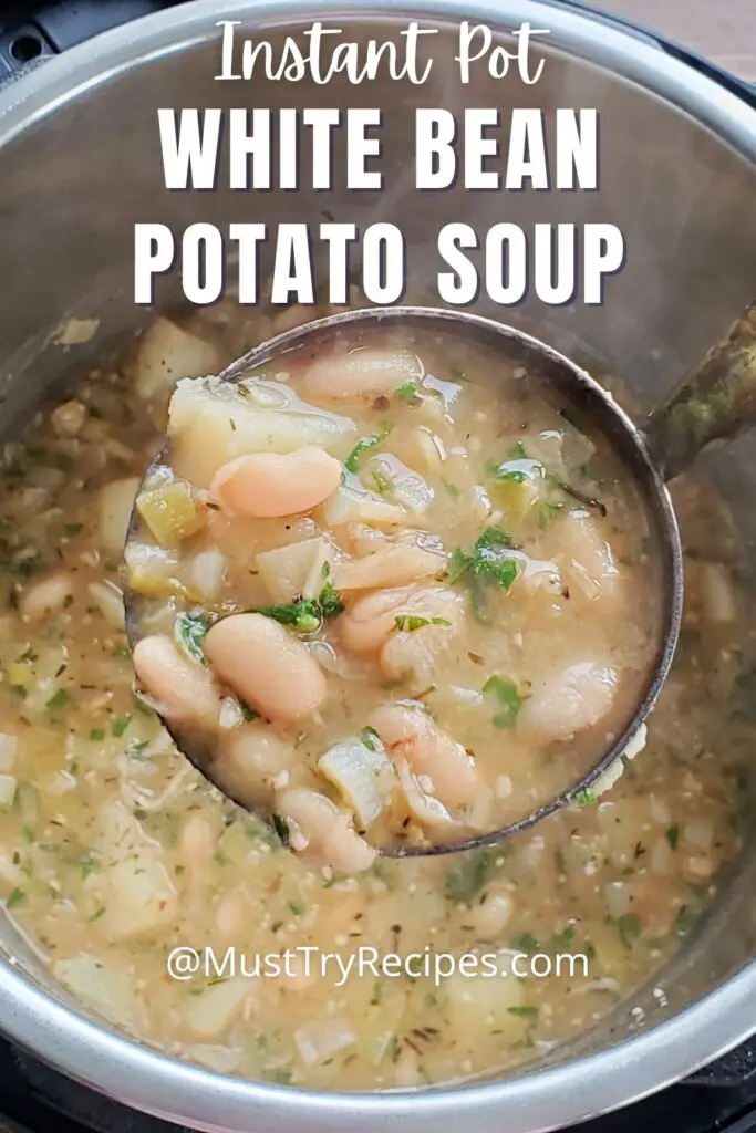 white beans and potato soup in a ladle