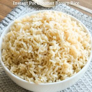 coconut brown rice in a white bowl