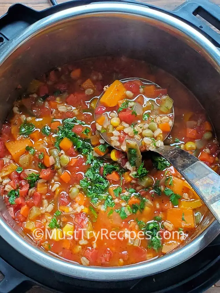 vegetable barley soup in instant pot with a ladle