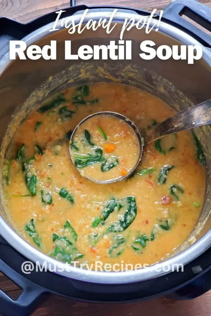 instant pot red lentil soup with a ladle
