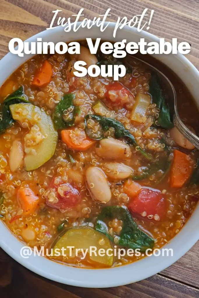 instant pot quinoa soup in a white bowl with a spoon