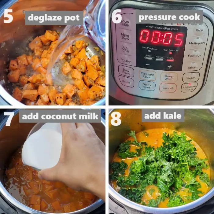 pressure cooking soup and adding coconut milk and kale