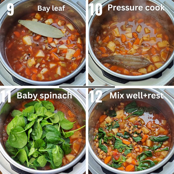 pressure cooking soup, adding baby spinach to cooked soup.