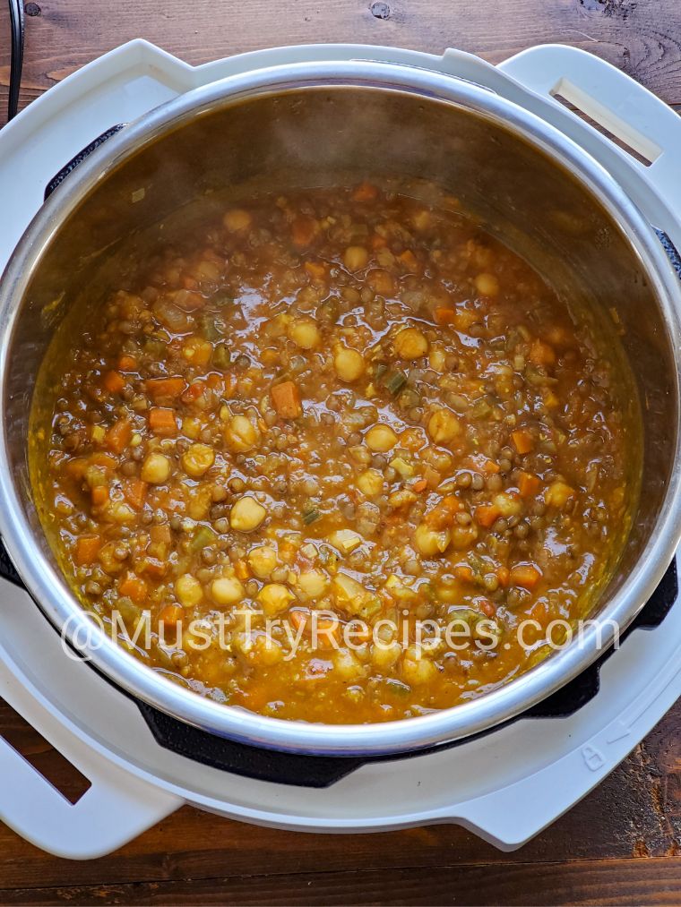 cooked Moroccan chickpeas and lentil soup in a white Instant Pot